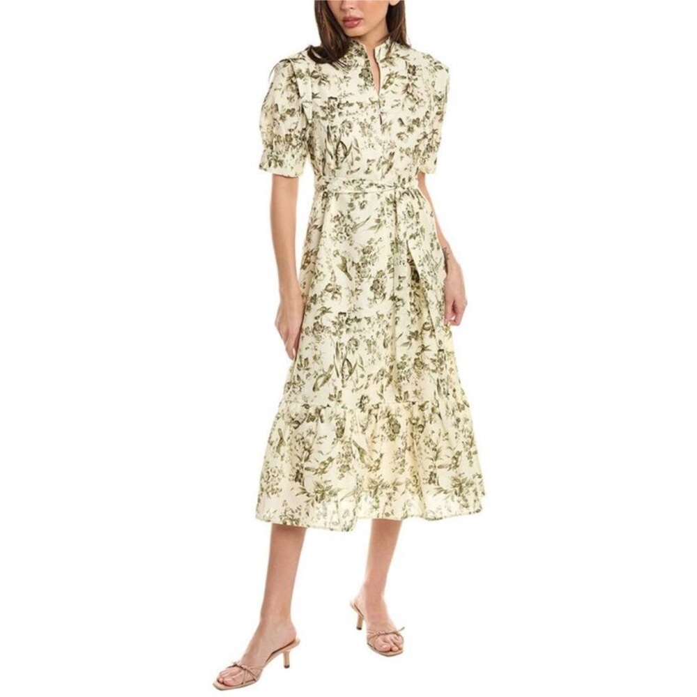 Floral Puff-Sleeve Midi Dress in Cream and Olive